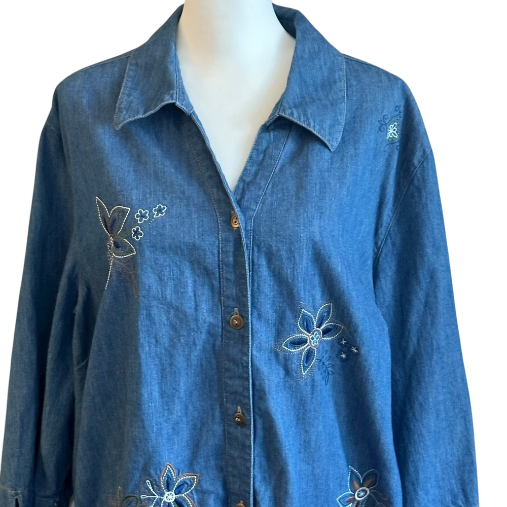 City Blues by Koret Denim Shirt‎ 3X Embroidered Flowers 3/4 Sleeve Button Up - Picture 2 of 12